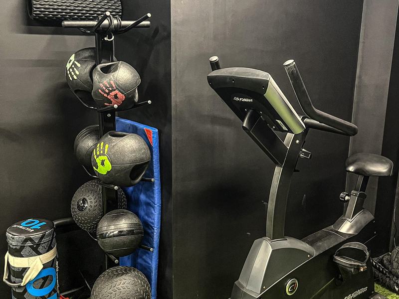 Bicicleta estática y balones medicinales