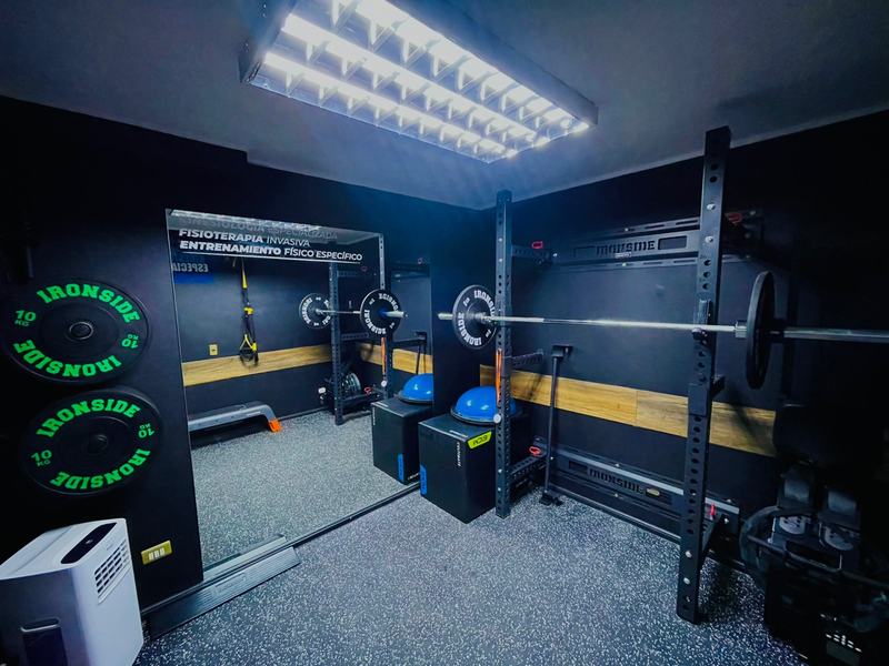 Sala de entrenamiento funcional con rack y discos